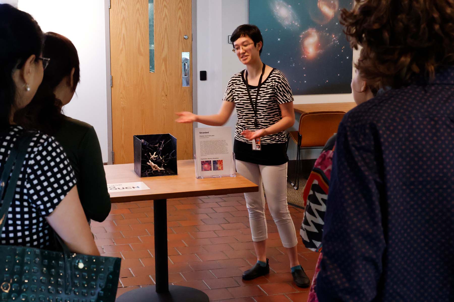 We view from behind a crowd of onlookers as a student motions towards her sculpture as she describes the piece. The sculpture is inside a box and includes a space web with astronauts caught, and a giant spider.