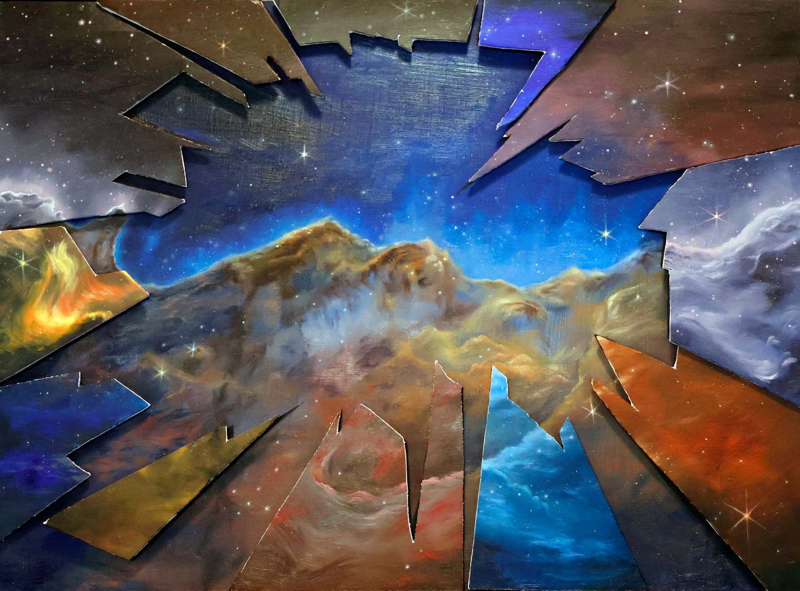 An oil painting of the cosmic cliffs image with shards of 3-dimensional areas layered on top