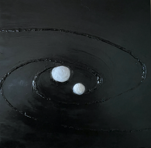 A black and white painting of 2 stars. a spiral representing their movement is painted in the same color as their background, but is 3 dimensional