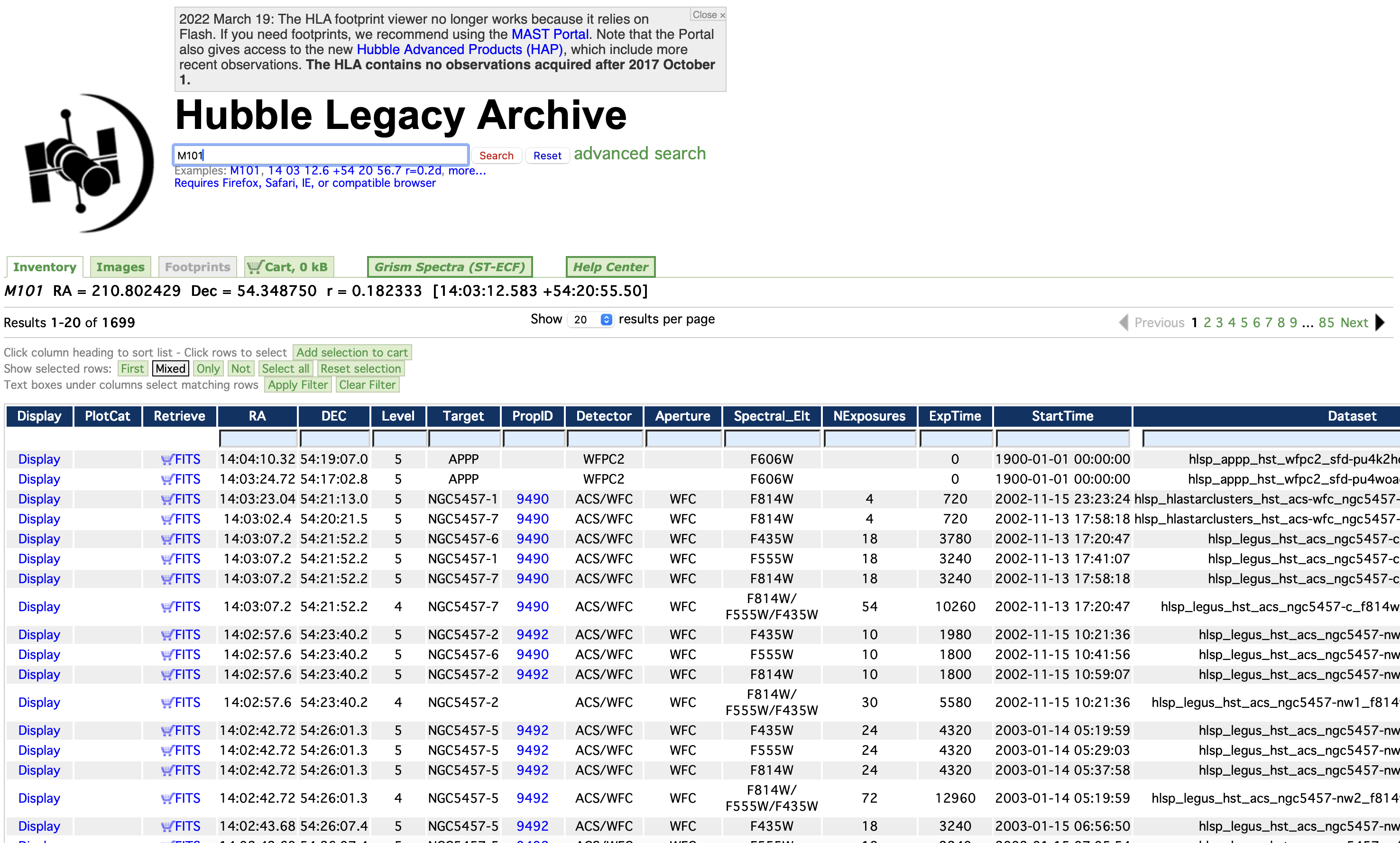 Screenshot showing an example search result table using M101. Columns of metadata are available, that can be sorted and filtered on.