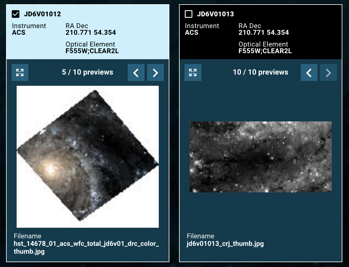 two HST preview images of the same galaxy. the observation at left includes combined color information, while the one at right does not